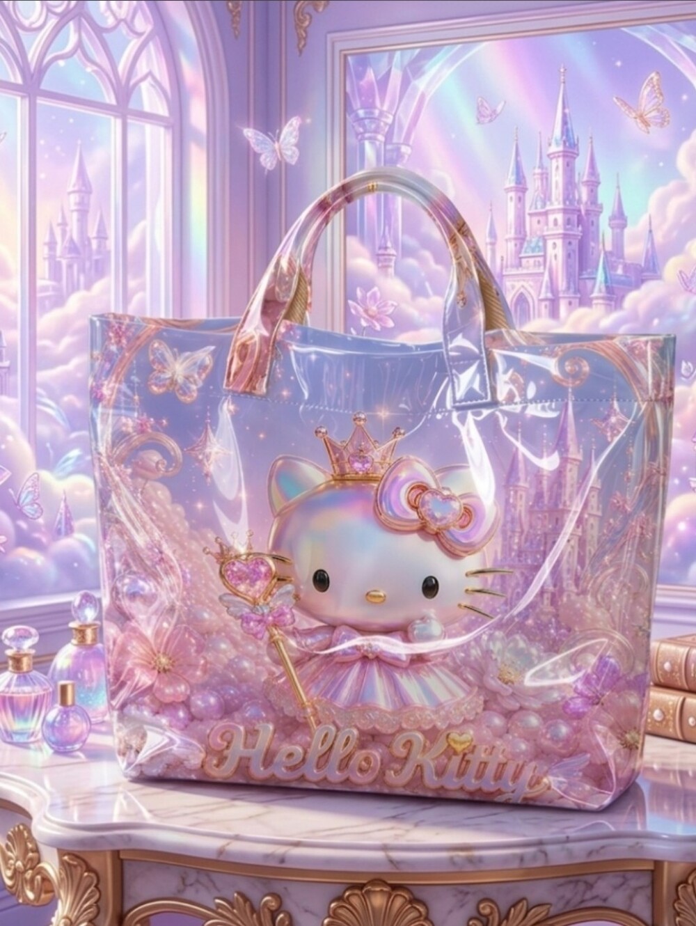 Cute Hello Kitty Castle PVC Daily Commute Large Hsnd Tote Bag